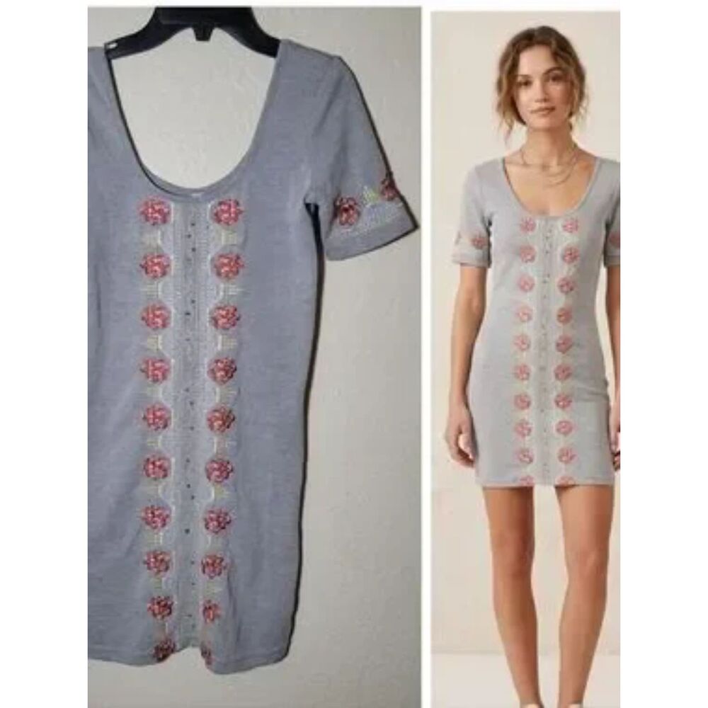 Free People | Gray Embroidered Mini Dress Boho Floral Festival Casual Chic XS